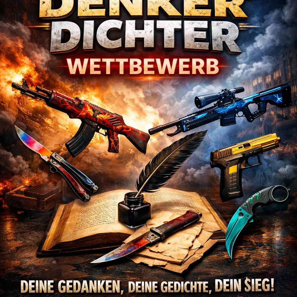 Open book with ink pot and quill surrounded by colorful guns and knives